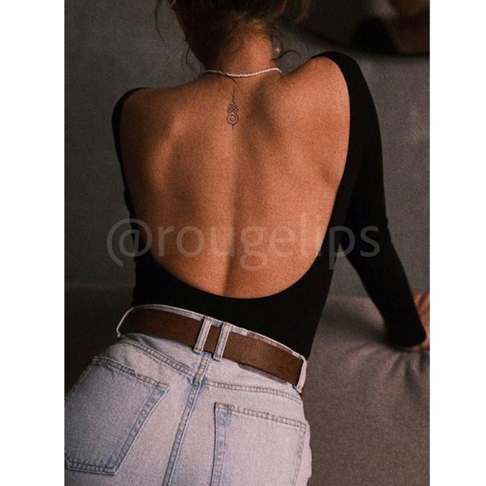 Black Backless Bodysuit Open Back Long Sleeves Round Neck Stretchy